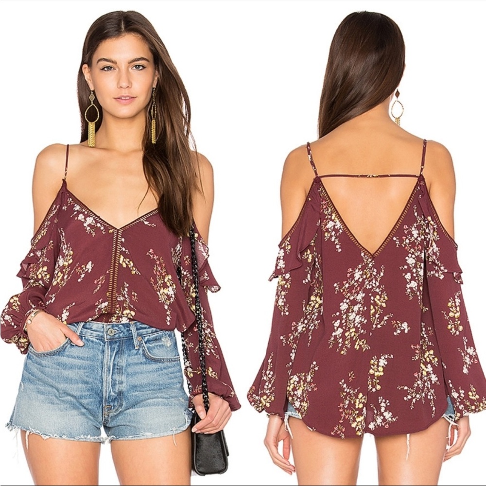 ASTR Chantal Blouse Floral Cold Shoulder Long Sleeve Top Burgundy Peasant Small